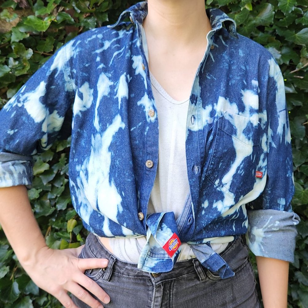 hand-tie-dyed denim button-down shirt. Dickies Small. blue & white